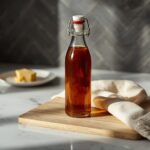 Glass bottle of homemade brown butter latte syrup on a wood tray with a white countertop and charcoal herringbone backsplash.