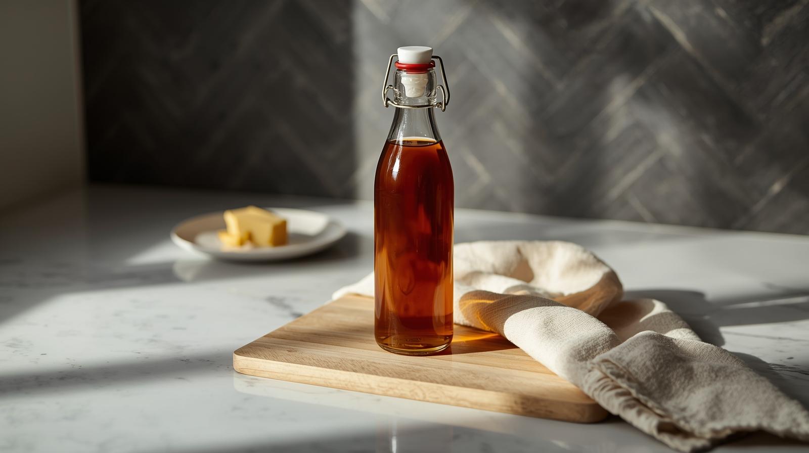 Glass bottle of homemade brown butter latte syrup on a wood tray with a white countertop and charcoal herringbone backsplash.