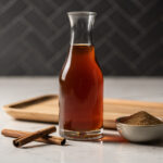 Tall glass syrup bottle filled with brown sugar cinnamon syrup on a white countertop with cinnamon sticks beside it.