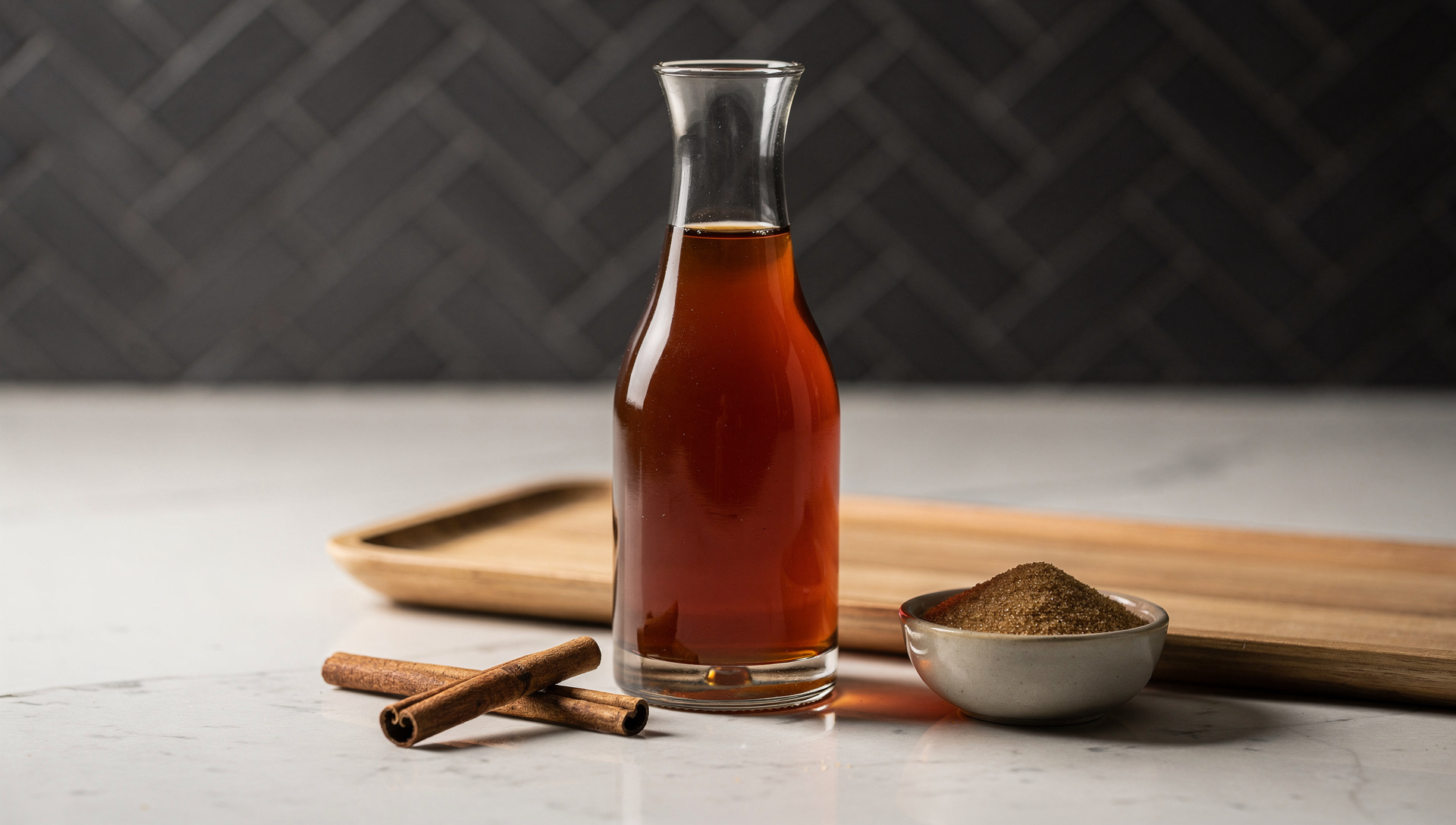 Tall glass syrup bottle filled with brown sugar cinnamon syrup on a white countertop with cinnamon sticks beside it.