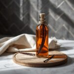 Glass bottle of homemade vanilla bean syrup with visible vanilla flecks, sitting on a white countertop with a charcoal herringbone backsplash.
