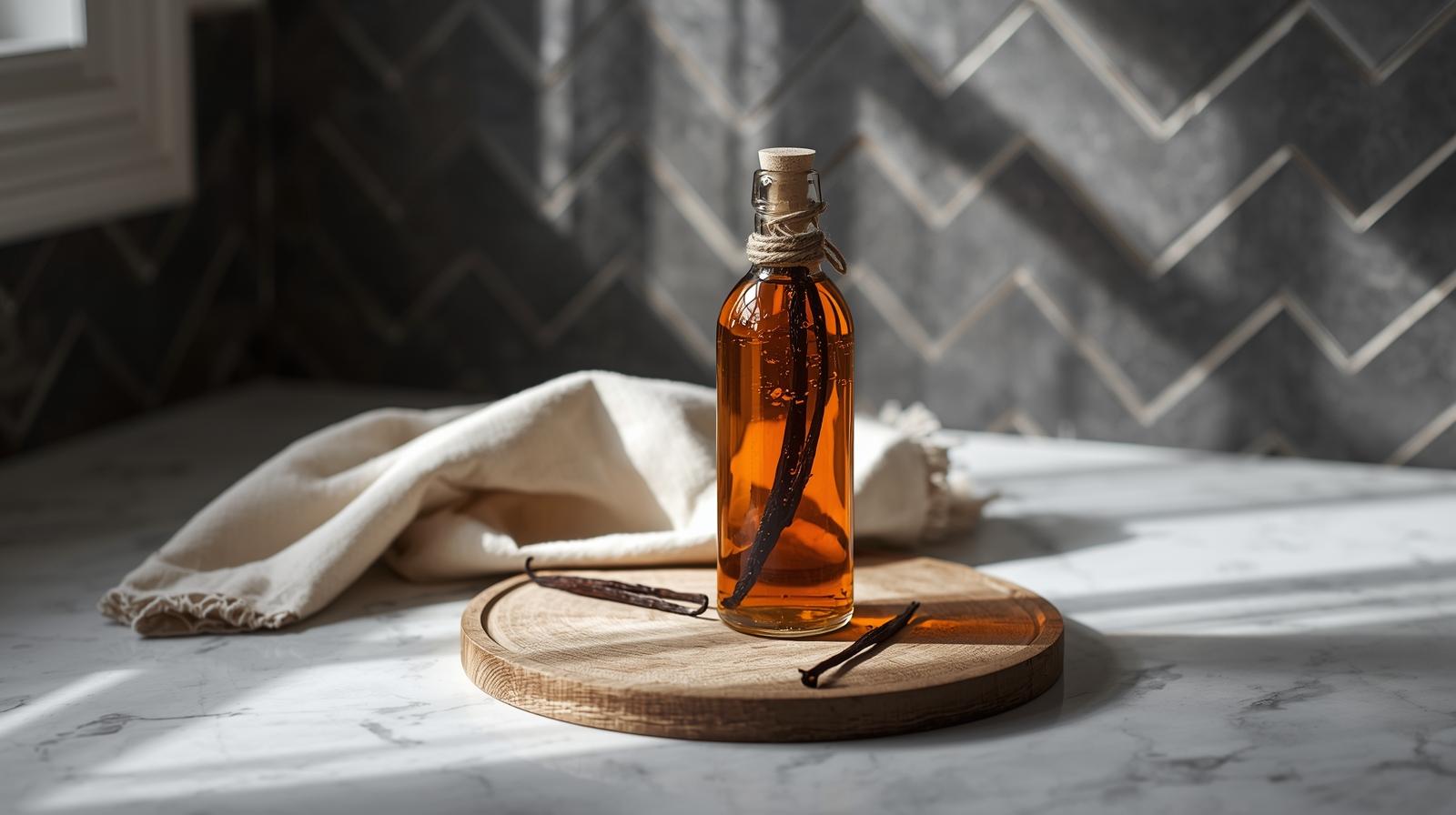 Glass bottle of homemade vanilla bean syrup with visible vanilla flecks, sitting on a white countertop with a charcoal herringbone backsplash.